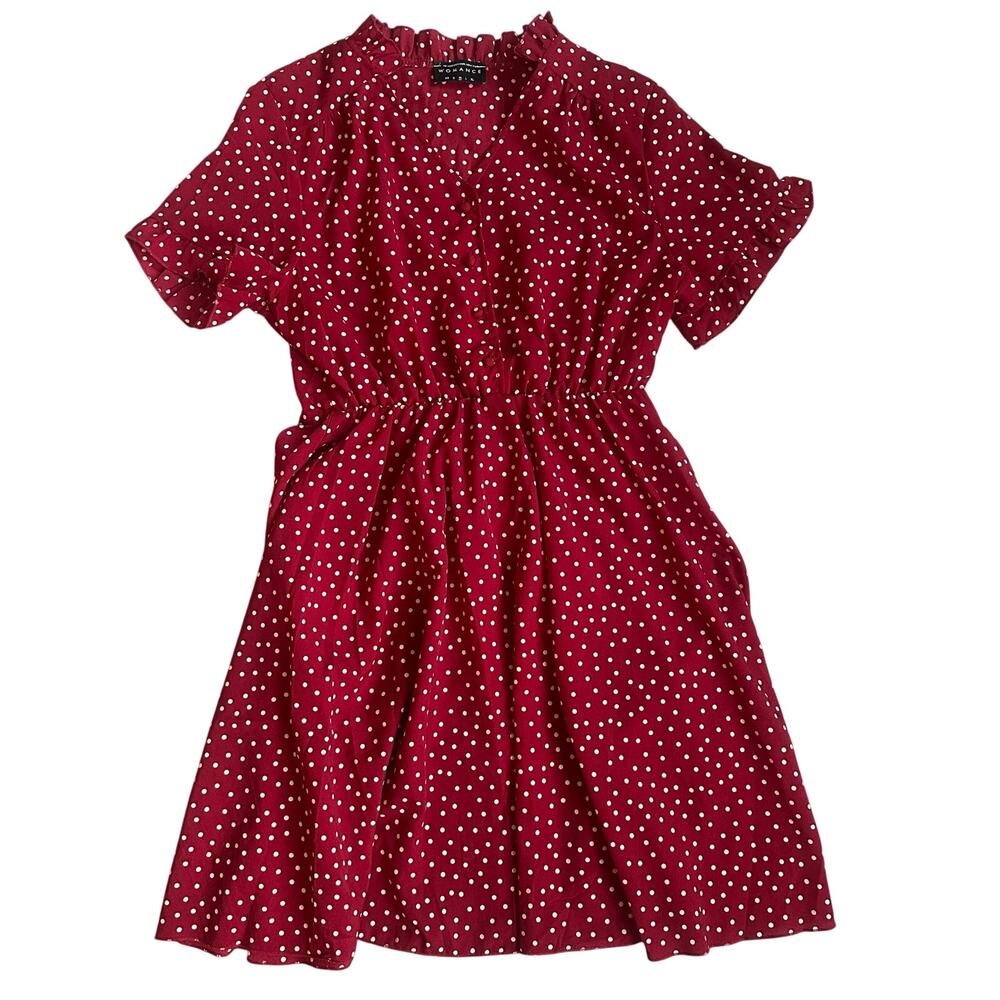 Womance Red/White Polka Dot, Quarter Button Down Short Sleeve Shirt Dress- M